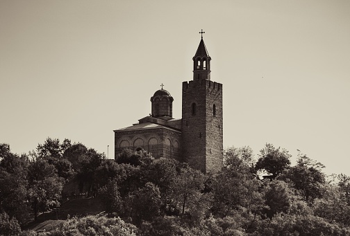 A sepia of an Ascension Cathedral in the city of Veliko Tarnovo, Bulgaria