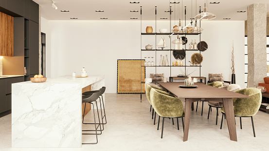 Modern apartment dining room and kitchen interior. Marble kitchen countertop, bar stools, dining table, velvet chairs, pendant lamp, shelves, pillar, concrete floor and white ceiling. Copy space template. Render.