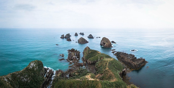 The beautiful aerial view of Nugget Point, iconic landforms on the Otago coast, New Zealand.
