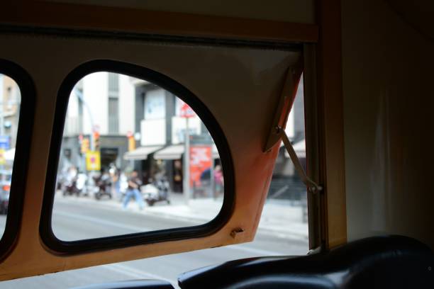 istock Half-open window of an old bus. 1433074589
