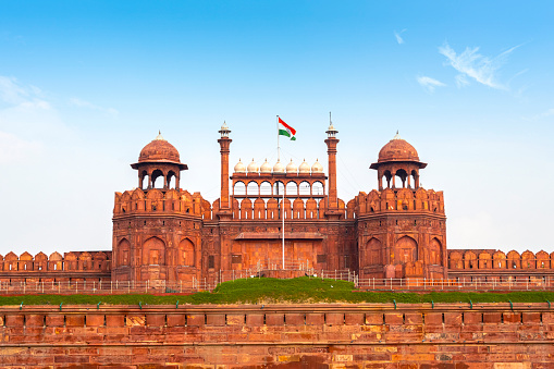 View of the Red Fort, Lahori Gate during sunny summer day in New Delhi, India