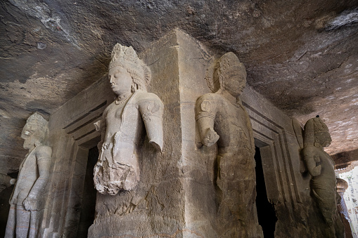 Ancient statues of the Elephanta Caves on Elephanta Island, Mumbai, India