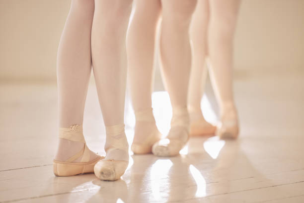 istock Ballet, feet or shoes of dancers dancing training and practicing for a performance in a studio. Closeup of an elegant, artistic and classy ballerina group or team preparing for a stage competition 1433075411