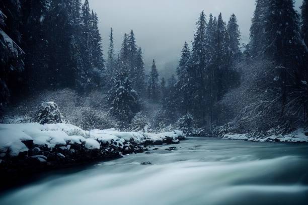 istock Breathtaking view of a frozen water stream in a pine tree forest 1433075449