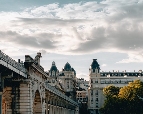 Bridge of Bir-Hakeim with beautiful buildings in the background. Paris, France.