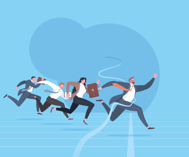 ilustrações de stock, clip art, desenhos animados e ícones de execution success, business goals, achieve target, successful career or winner concept. the fastest businessman is tearing the finish line as the winner of running race in blue background. - finish line running aspirations cartoon