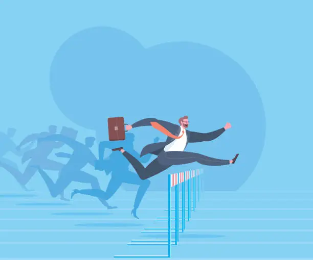 Vector illustration of Execution success, business goals, achieve target, successful career or overcome obstacles to success concept. The fastest businessman is jumping over hurdle of hurdles race in blue background.