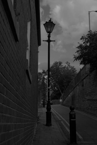 istock Retro style streetlight on the road ,vertical, grayscale 1433075952