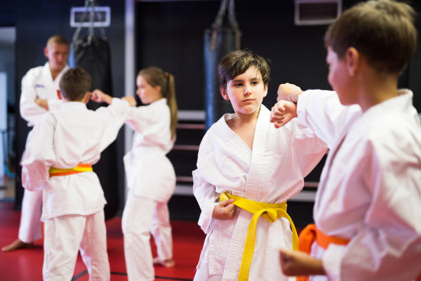 istock Two boys working in pair, mastering new karate moves 1433076270
