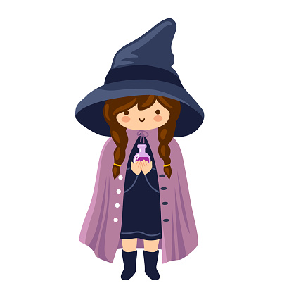 Cute little witch girl cartoon character. Sorceress in big hat, holding magic potion. Vector hand drawn illustration.