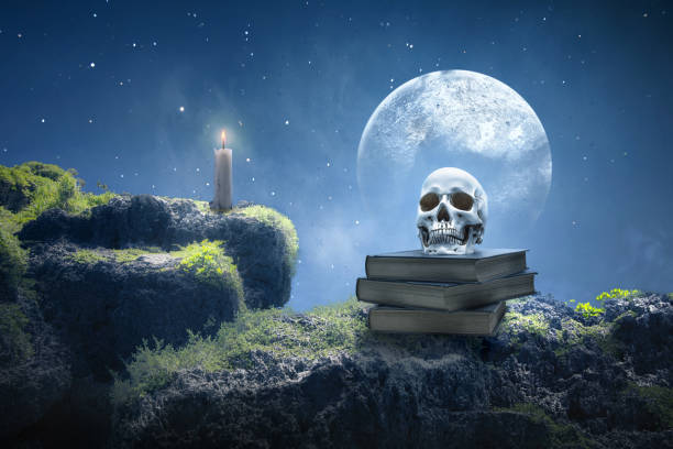 istock Pile of the book with a human head skull 1433076730