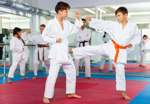 istock Kids in kimonos exercising techniques in pair during taekwondo class at gym closeup 1433077686