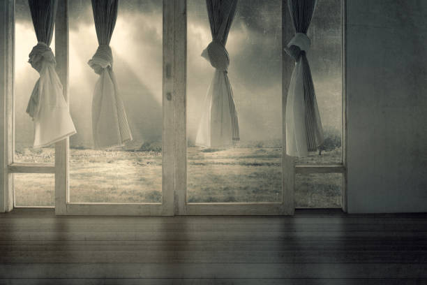 istock Windows with the curtain in an abandoned house 1433078084