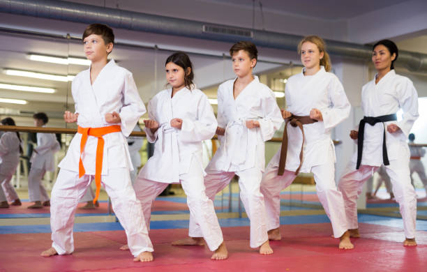istock Karate kids doing kata in gym 1433078089