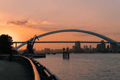A scenic shot of the Lupu bridge and the cityscape of Shanghai during the evening with a golden sunset