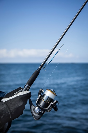 A vertical shallow focus shot of human hand in glove golding new fishing rod by the water