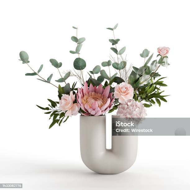 White Kink Vase With Flowers Isolated In White Background Stock Photo - Download Image Now