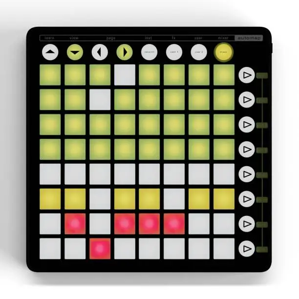 A 3D rendering of a NOVATION controller LaunchPad on a white background