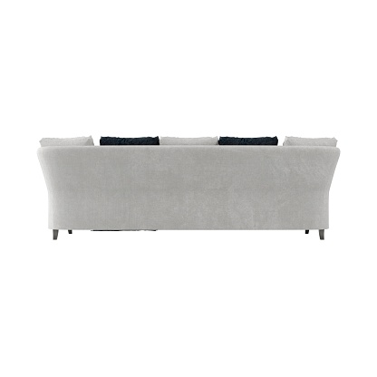 A 3D rendering of a modern sofa with pillows from behind on a white background