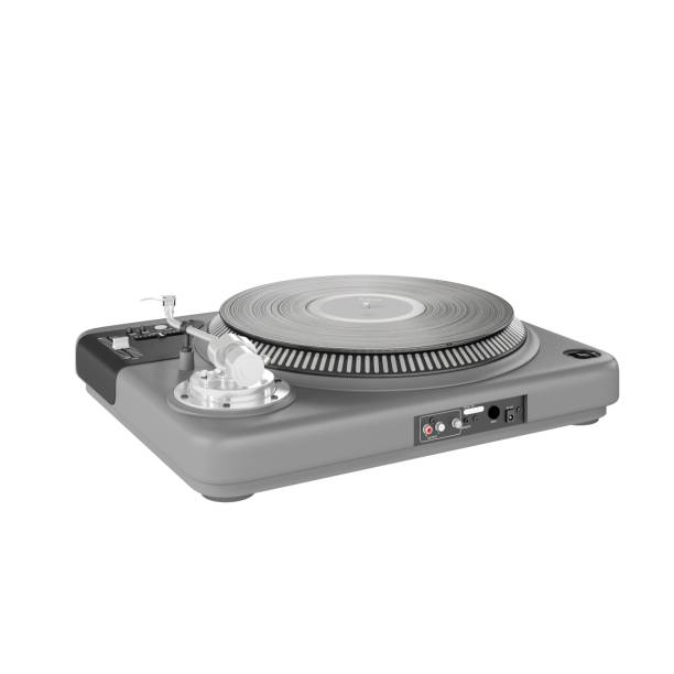 istock Closeup of silver modern vinyl player on a white background 1433084002