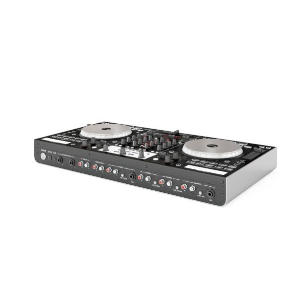 istock Closeup of black modern dj controller with silver details on a white background 1433084006
