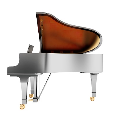 The computer-generated 3d realistic grand piano isolated on a vertical white background.