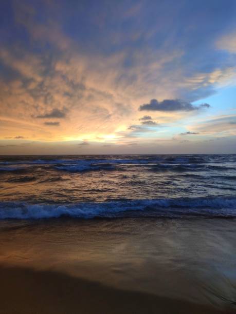 istock Vertical shot of the sandy beach with waves during the sunset 1433084371