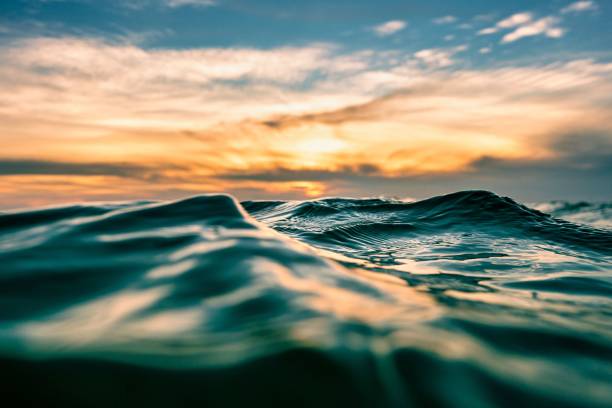 istock Closeup of a water surface with an orange sunset sky in a background 1433084874