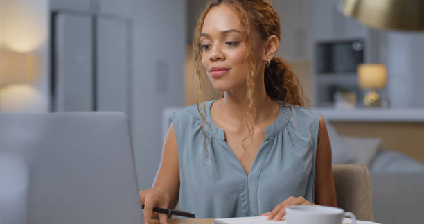 istock Home, computer and woman working on a work email or internet research for a job project. Business worker from Mexico doing online remote digital marketing with technology and reading advertising data 1433085002