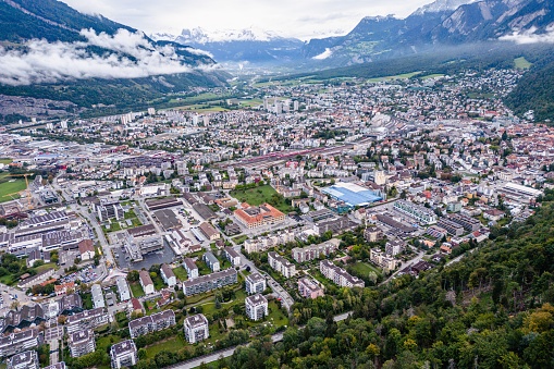 An aerial view of a city and mountain landscape in Innsbruck, Austria