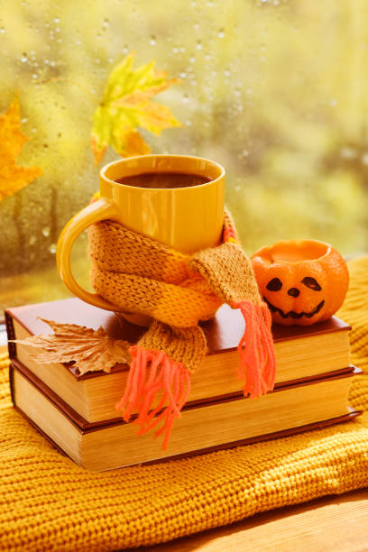 istock Background with books, cup of tea, pumpkin 1433087506