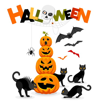 Halloween Party Poster. Bats, cats, pumpkins and party flags.