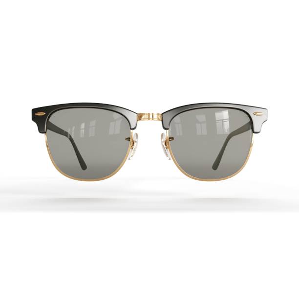 A 3D rendering of sunglasses floating on a white background