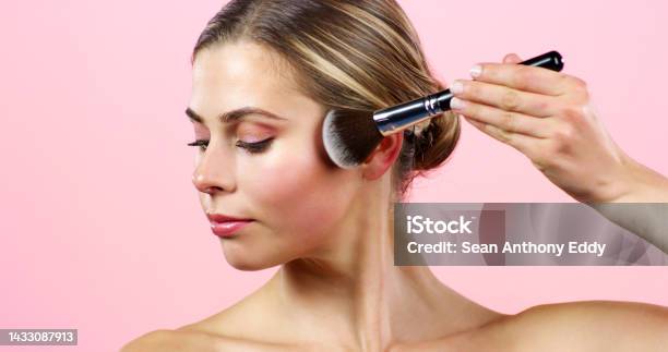 Face Makeup Cosmetic Beauty And Woman With Cosmetics Foundation Facial Powder And Brush For Glow Against Pink Mockup Studio Background Model With Natural Organic And Clean Product For Body Stock Photo - Download Image Now