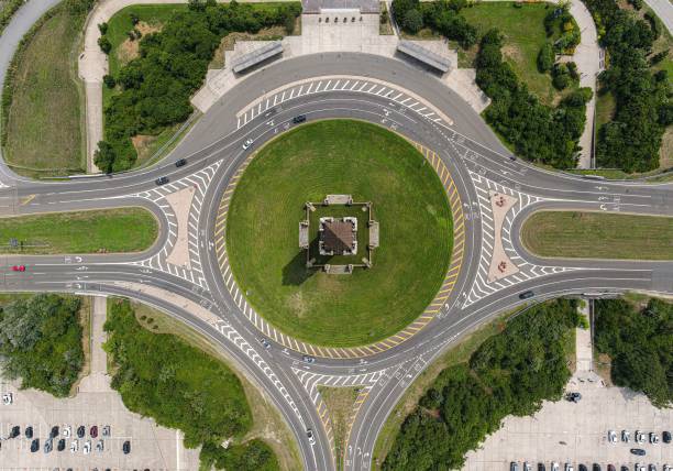 istock Aerial view of roundabout intersection in several directions with island 1433088047