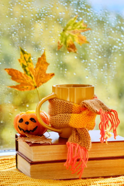 istock Background with books, cup of tea, pumpkin 1433088398