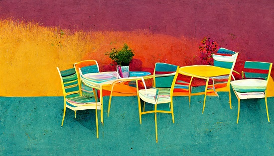 An illustration of a small cafe with tables and chairs on a colorful background