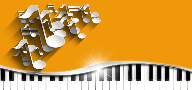 3D illustration of a group of white musical notes and a piano keyboard on an orange background with copy space.