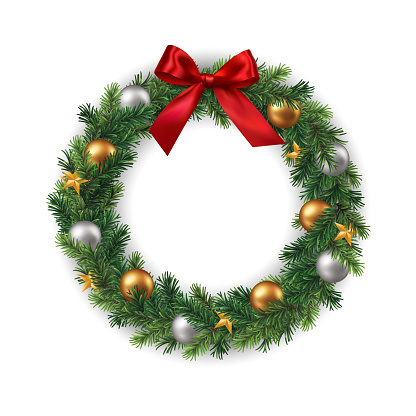 Vector realistic christmas wreath with gold and silver baubles and red ribbon, decorative round frame isolated on white background