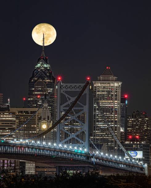 istock Bright yellow full moon over Philadelphia skyline with Benjamin Franklin Bridge 1433094599