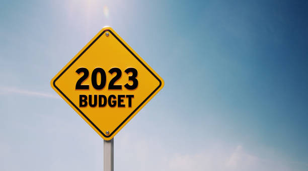 istock Yellow Off Road Traffic Sign With 2023 Budget Text Before Blue Sky 1433094720