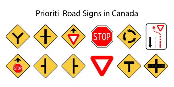 Vector illustration of Road signs in Canada. Canadian Priority  signs. Warning road signs. Vector illustration. Stock picture.