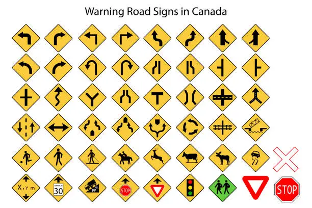 Vector illustration of Road signs in Canada. Canadian warning signs. Vector illustration. Stock picture.