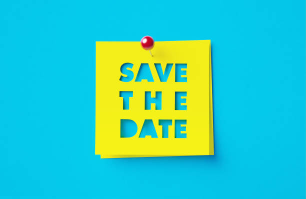 Save The Date Written Cut Out Yellow Adhesive Notes Sitting Over Blue Background Save the date written cut out yellow adhesive notes sitting on blue background. Horizontal composition with copy space. reservation stock pictures, royalty-free photos & images