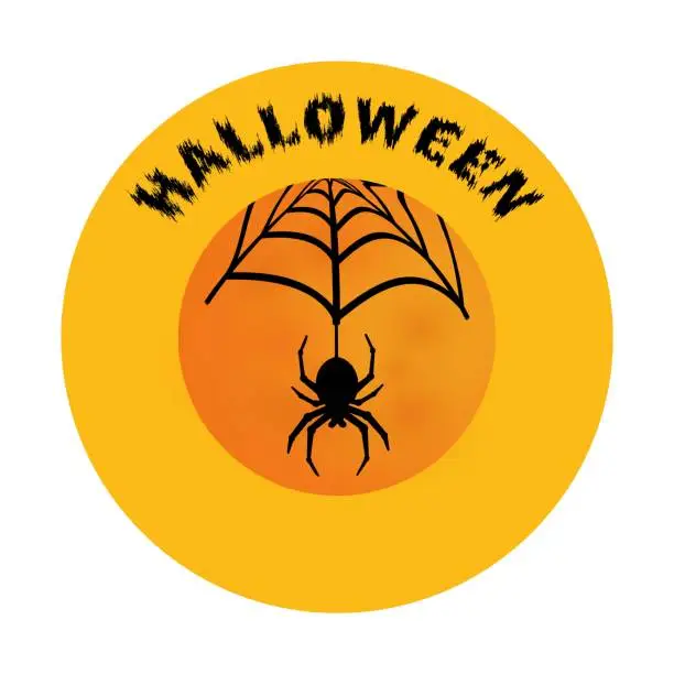Vector illustration of Round yellow Halloween sticker with a spider on the web. Square vector template