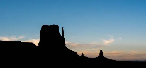 The silhouette of red-sand deserted Monument Valley at the Utah-Arizona line