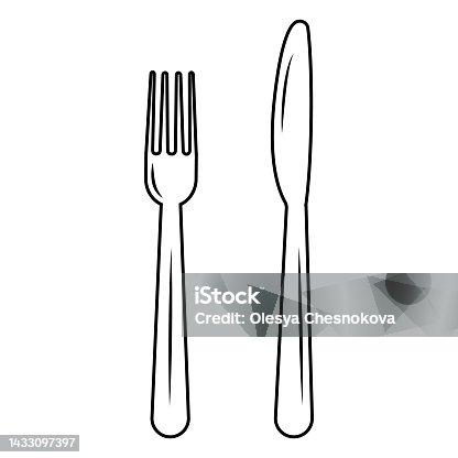 istock Cutlery fork and knife, color isolated illustration, black contour doodle 1433097397