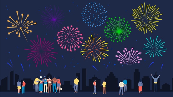 People crowd looking firework in night city. Festive time, anniversary or big party in town. Friends, couples and single person walk at downtown vector. Illustration of crowd firework celebration