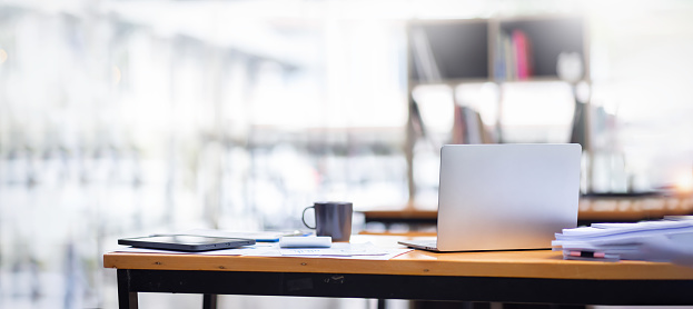 Laptop Computer, Minimal background image of inviting empty workplace with white desk and succulent plant in foreground, copy space after working hours