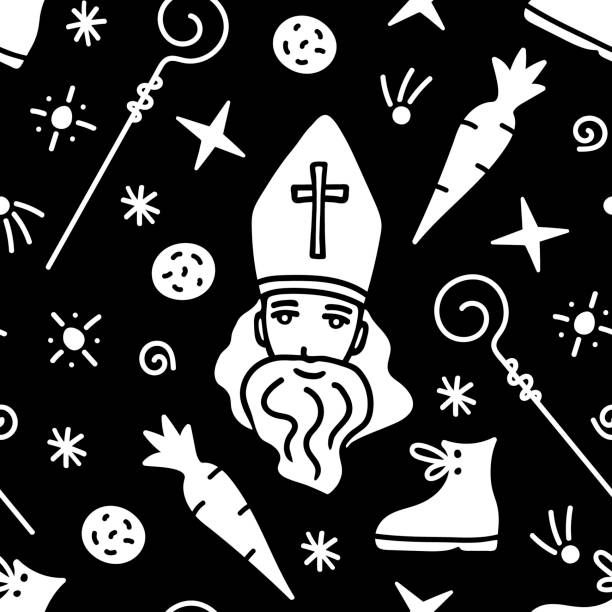 stockillustraties, clipart, cartoons en iconen met simple black and white vector seamless pattern. celebration of st. nicholas day, sinterklaas. for prints of wrapping paper, gifts, textile products. - sinterklaas mijter